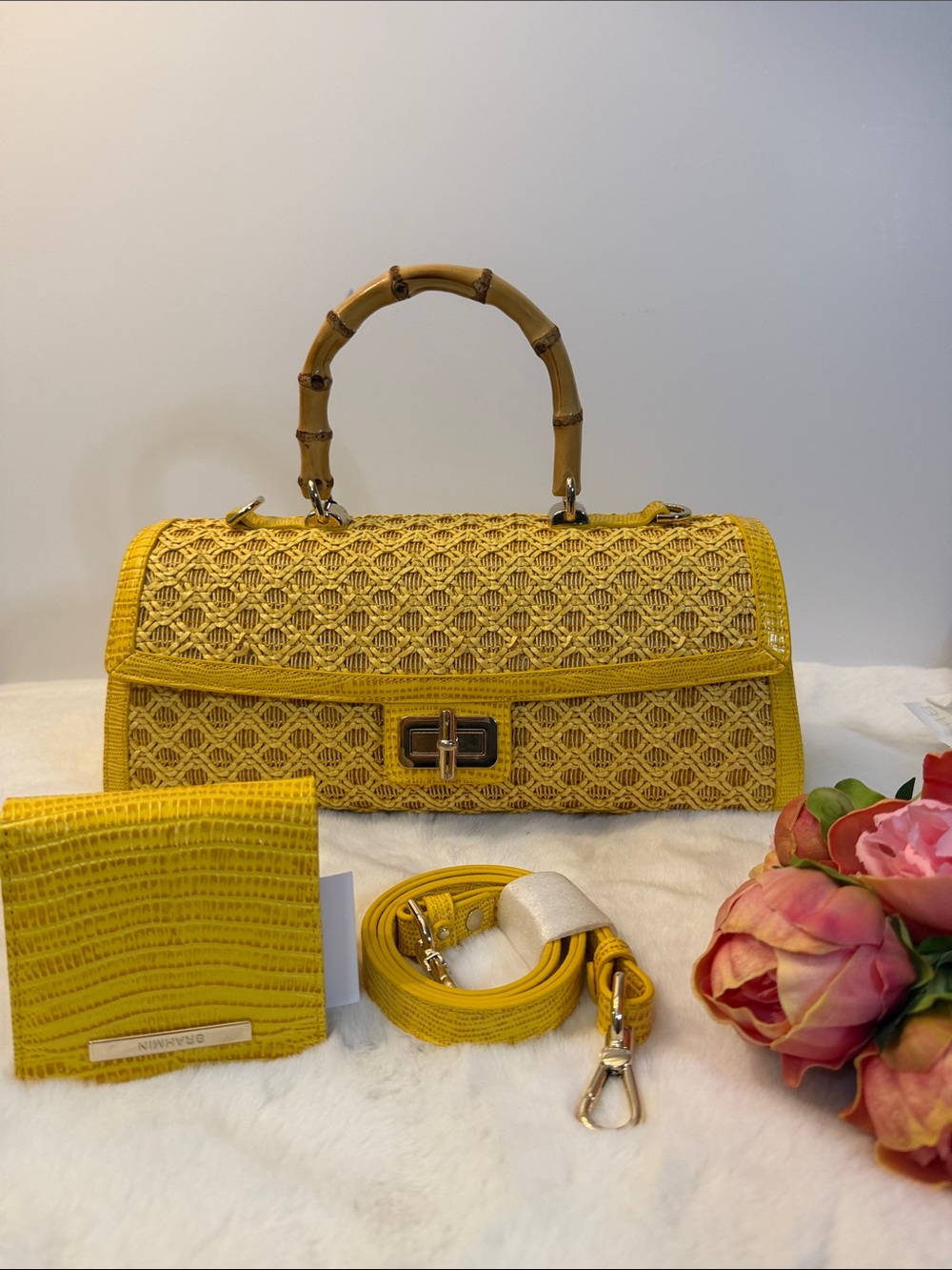 Brahmin Dayan satchel and Jane wallet set in vivid yellow sunshadow